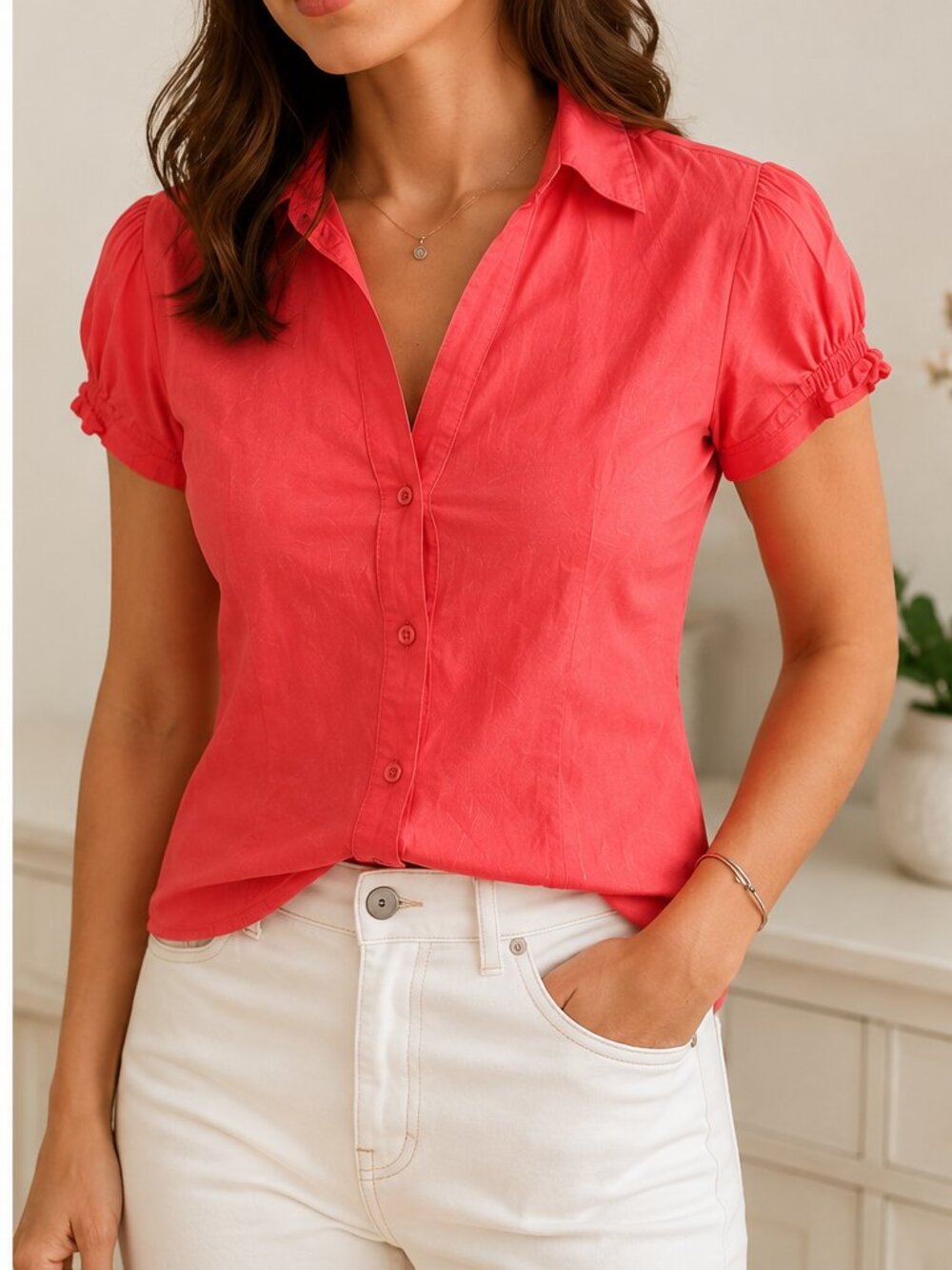 Benetton Women's Coral Pink Button-Front Cap Sleeve Top